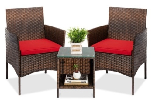 3-Piece Outdoor Patio Wicker Bistro Set w/ Side Storage Table, Brown/Red - Lot 273