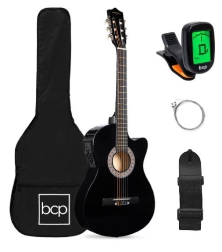 Beginner Acoustic Electric Cutaway Guitar Set w/ Case, Strap - 38in, Black - Lot 275