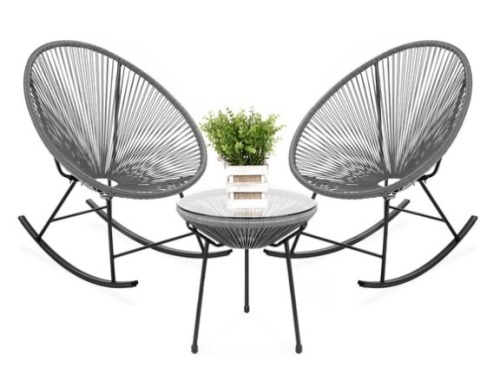 3-Piece Patio Woven Rope Acapulco Rocking Chair Bistro Set, Gray - Lot 279