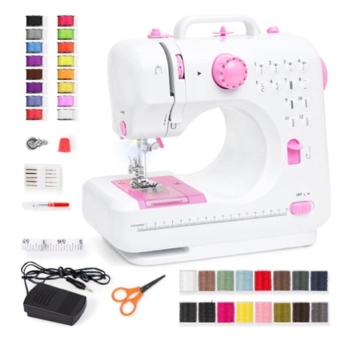 6V Portable Foot Pedal Sewing Machine w/ 12 Stitch Patterns, Pink/White - Lot 281
