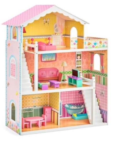 3-Story Wood Dollhouse, Large Open Mansion w/ 5 Rooms, 17 Accessories - 44in - Lot 286