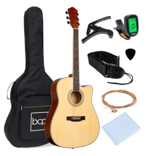 Full Size Beginner Acoustic Guitar Set with Case, Strap, Capo - 41in, Natural - Lot 288