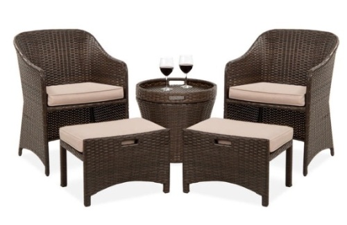 5-Piece Outdoor Wicker Bistro Set w/ Side Storage Table, No Assembly, Brown - Lot 293