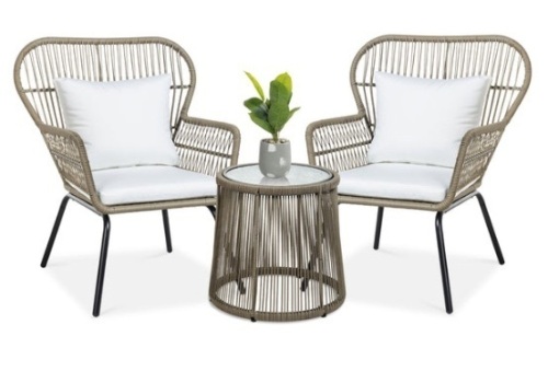 3-Piece Patio Wicker Conversation Bistro Set w/ 2 Chairs, Glass Top Table, Tan - Lot 294
