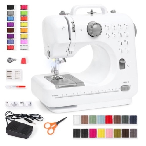 6V Portable Foot Pedal Sewing Machine w/ 12 Stitch Patterns, Gray/White - Lot 297