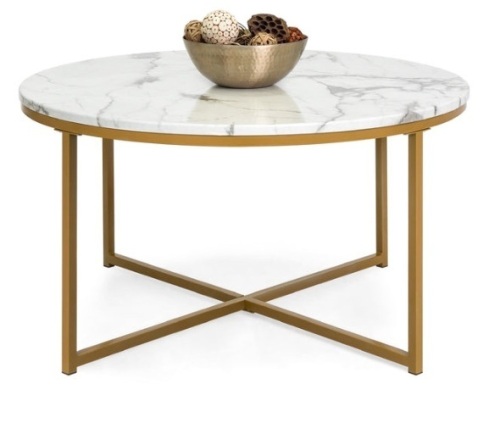Round Coffee Table w/ Faux Marble Top, Metal Frame - 36in, Gold - Lot 301