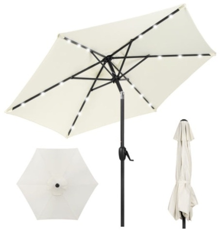 Outdoor Solar Patio Umbrella w/ Push Button Tilt, Crank Lift - 7.5ft, Cream - Lot 307
