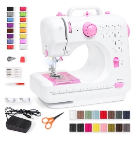 6V Portable Foot Pedal Sewing Machine w/ 12 Stitch Patterns, Pink/White - Lot 312