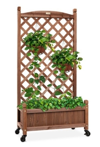 Wood Planter Box & Lattice Trellis w/ Drainage, Optional Wheels - 48in - Lot 316