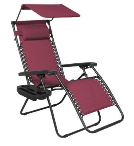 Folding Zero Gravity Recliner Patio Lounge Chair w/ Canopy, Side Tray, Burgundy - Lot 317