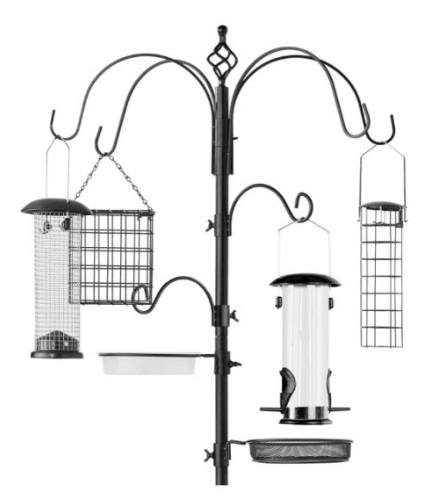 Bird Feeding Station, 6-Hook Steel Multi-Feeder Stand w/ 4 Feeders - 89in, Black - Lot 318
