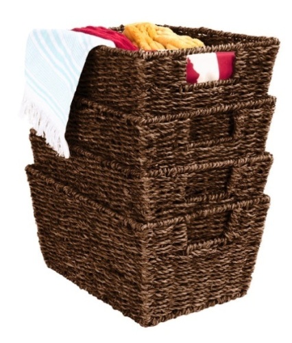 Set of 4 Seagrass Storage Tote Baskets, Laundry Organizer w/ Insert Handles, Brown - Lot 320