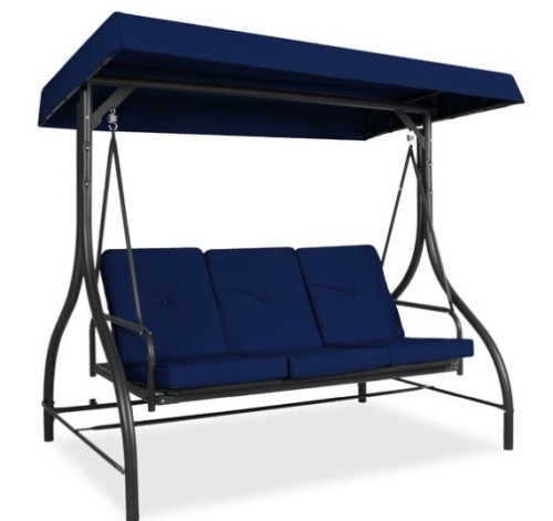 3-Seat Outdoor Canopy Swing Glider Furniture w/ Converting Flatbed Backrest, Navy - Lot 324
