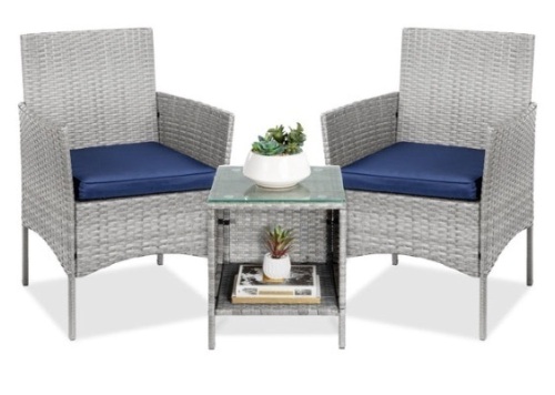 3-Piece Outdoor Patio Wicker Bistro Set w/ Side Storage Table, Gray/Navy - Lot 344