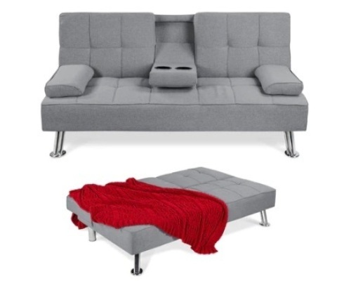 Linen Upholstered Convertible Sofa Bed Futon w/ 2 Cupholders, Gray - Lot 106