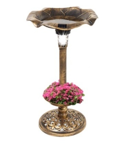 Solar Lighted Bird Bath w/ Planter, Bronze - Lot 107