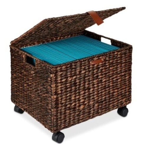Mobile Water Hyacinth Rolling Filing Cabinet Storage Basket w/ Lid, Wheels - Lot 109