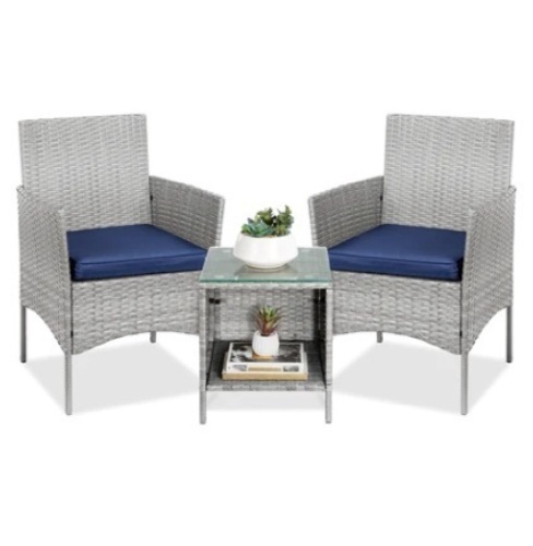 3-Piece Outdoor Patio Wicker Bistro Set w/ Side Storage Table, Gray/Navy - Lot 116