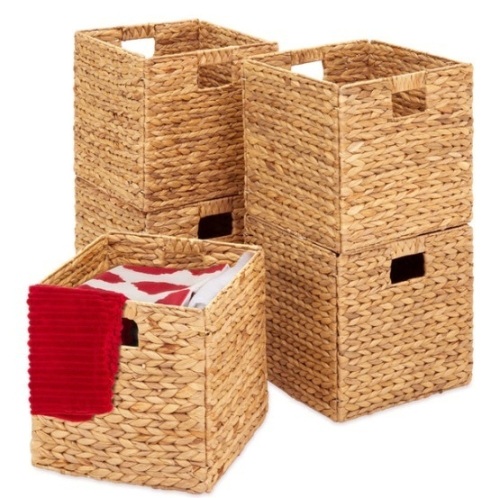 Set of 5 Collapsible Hyacinth Storage Baskets w/ Inserts - 12x12in, Natural - Lot 357