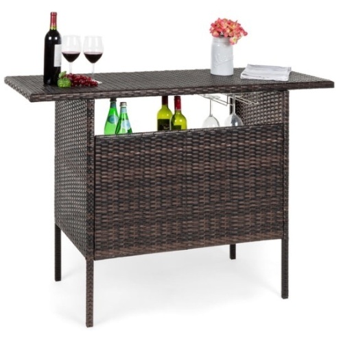 Outdoor Wicker Bar Counter Table w/ 2 Steel Shelves, 2 Rails - Lot 360
