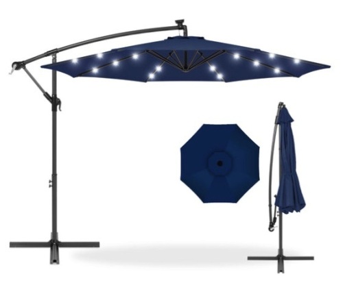 Solar LED Offset Hanging Patio Umbrella w/ Crank Tilt Adjustment - 10ft, Navy Blue - Lot 398