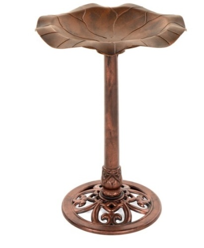 Lily Leaf Pedestal Bird Bath Decoration Accent w/ Floral Accents, Copper - Lot 364