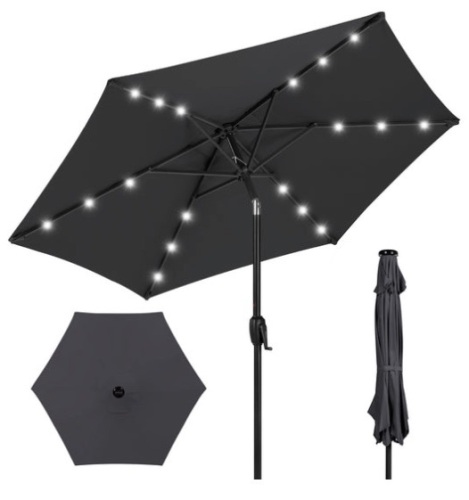 Outdoor Solar Patio Umbrella w/ Push Button Tilt, Crank Lift - 7.5ft, Gray - Lot 370