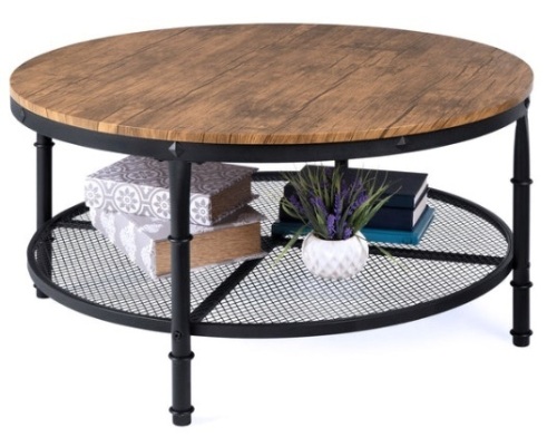 2-Tier Round Industrial Wood & Steel Coffee Table, Storage Shelves - 35.5in, Brown - Lot 372