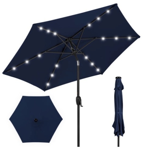 Outdoor Solar Patio Umbrella w/ Push Button Tilt, Crank Lift - 7.5ft, Navy Blue - Lot 374