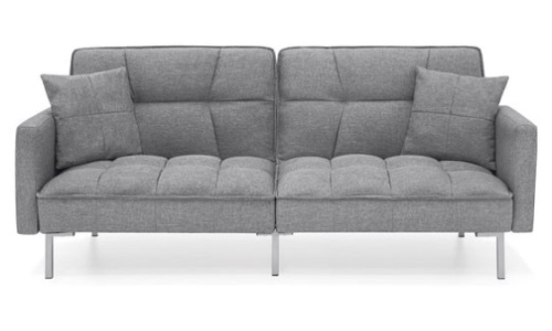 Convertible Linen Tufted Futon w/ 2 Plush Pillows, Split-Back Design, Dark Gray - Lot 375