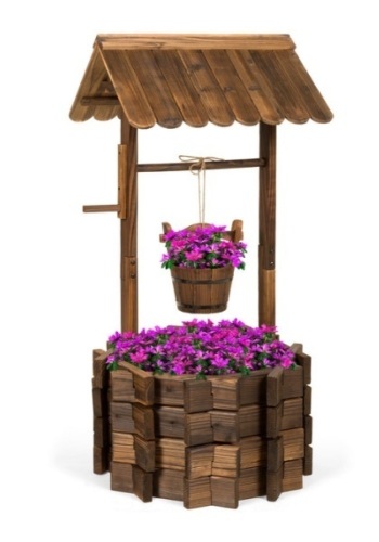 Rustic Wooden Wishing Well Planter Yard Decoration w/ Hanging Bucket - Lot 379