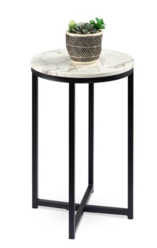Round Coffee Side Table w/ Faux Marble Top, Metal Frame - 16in, White/Matte Black - Lot 380