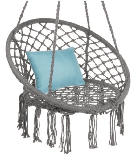 Cotton Macrame Hammock Hanging Chair Swing, Handwoven w/ Backrest, Gray - Lot 388