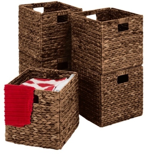 Set of 5 Collapsible Hyacinth Storage Baskets w/ Inserts - 12x12in, Espresso - Lot 389