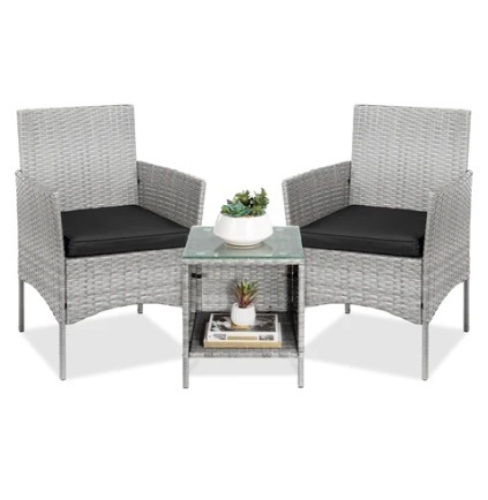 3-Piece Outdoor Patio Wicker Bistro Set w/ Side Storage Table, Gray/Black, Appears New - Lot 117