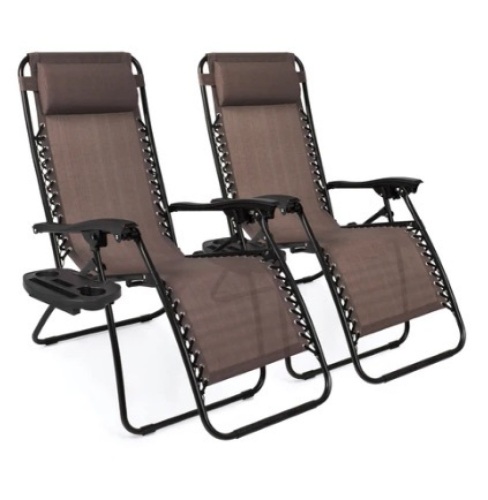 Set of 2 Adjustable Zero Gravity Patio Chair Recliners w/ Cup Holders, Brown - Lot 119