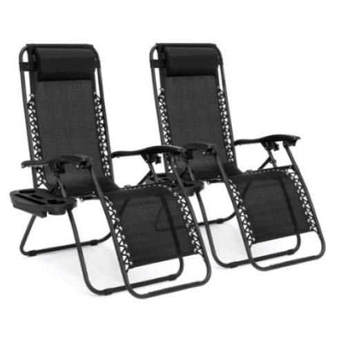 Set of 2 Adjustable Zero Gravity Patio Chair Recliners w/ Cup Holders, Black - Lot 124