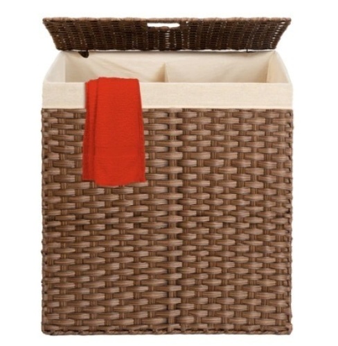 Double Laundry Hamper Basket w/ Easy Assembly, Liner Bag, Dark Brown - Lot 126