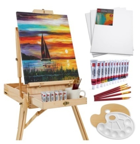 Portable Wooden French Easel w/ 32pc Beginners Kit, Natural - Lot 130