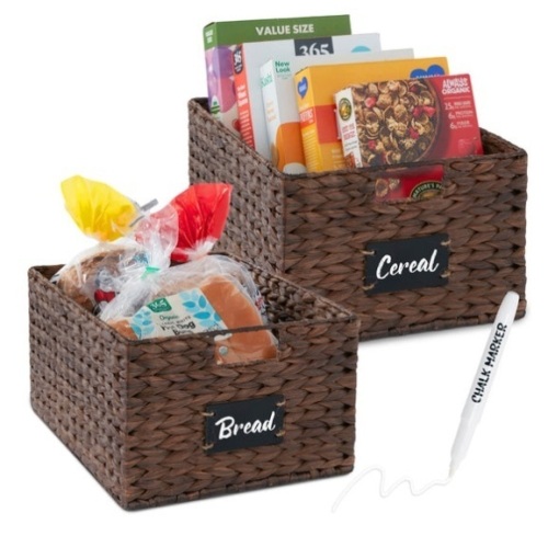 Set of 2 Water Hyancinth Pantry Baskets w/ Chalkboard, Marker - 16in, Brown - Lot 391