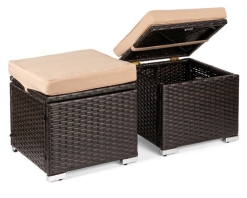 Set of 2 Wicker Ottomans, Multipurpose w/ Removable Cushions, Steel Frame, Brown/Beige - Lot 392