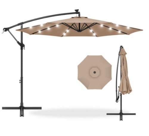 Solar LED Offset Hanging Patio Umbrella w/ Crank Tilt Adjustment - 10ft, Tan - Lot 399