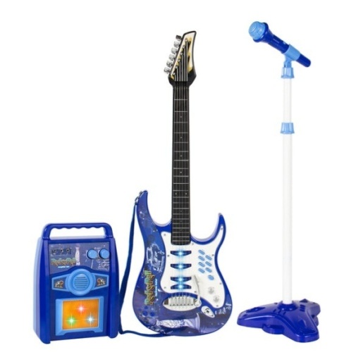 Kids Electric Guitar Toy Play Set w/ 6 Songs, Microphone, Amp, Blue - Lot 404