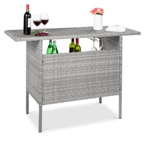 Outdoor Wicker Bar Counter Table w/ 2 Steel Shelves, 2 Rails, Gray - Lot 405
