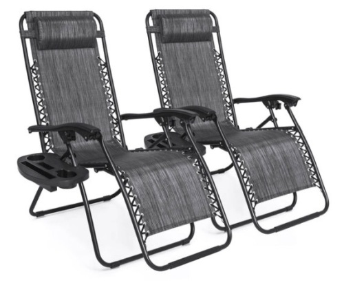 Set of 2 Adjustable Zero Gravity Patio Chair Recliners w/ Cup Holders, Gray - Lot 406