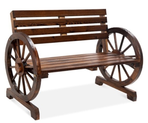 2-Person Rustic Wooden Wagon Wheel Bench w/ Slatted Seat and Backrest - Lot 409