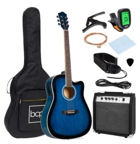 Beginner Acoustic Electric Cutaway Guitar Set w/ Case, Strap, 41in, Blue - Lot 137