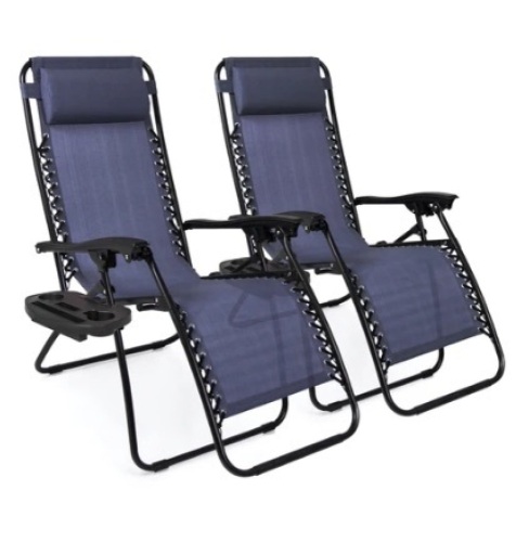 Set of 2 Adjustable Zero Gravity Patio Chair Recliners w/ Cup Holders, Blue - Lot 139