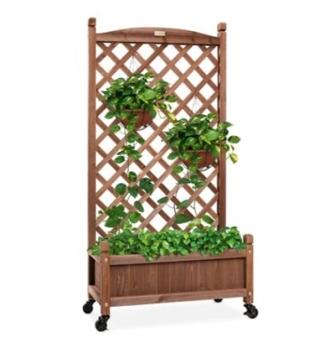 Wood Planter Box & Lattice Trellis w/ Drainage, Optional Wheels, 48in - Lot 141