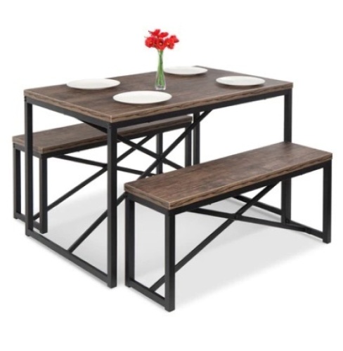 3-Piece Bench Style Dining Furniture Set w/ 2 Benches, Table, 45.5in, Black/Brown - Lot 143